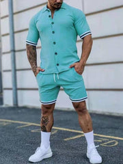 Men's color contrast lapel short-sleeved shirt + shorts two-piece suit - 808Lush