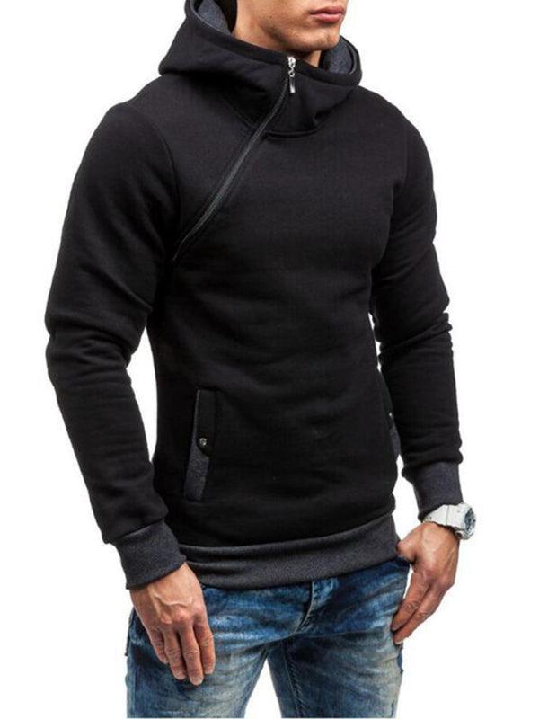 Men's diagonal zipper solid color long-sleeved hoodie - 808Lush