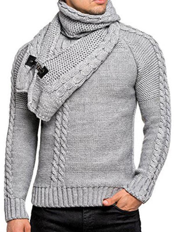 Men's fashionable scarf pullover solid color twist knitted sweater top - 808Lush
