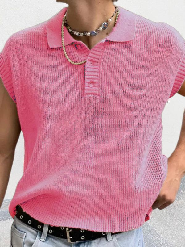 Men's lapel solid color Polo collar knitted top - 808Lush