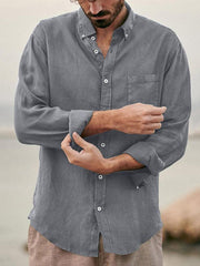 Men's European and American fashion solid color loose single-breasted long-sleeved lapel shirt - 808Lush