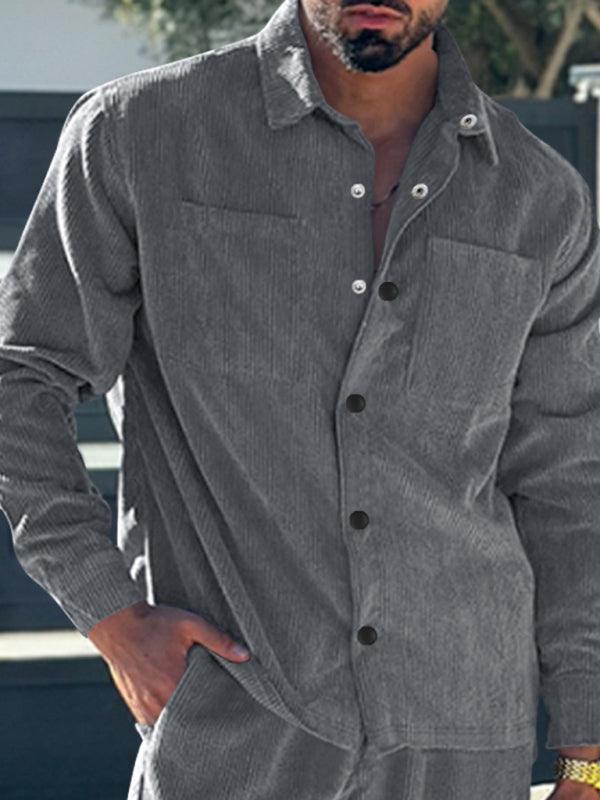 Men's casual multi-pocket solid color corduroy button-down shirt - 808Lush