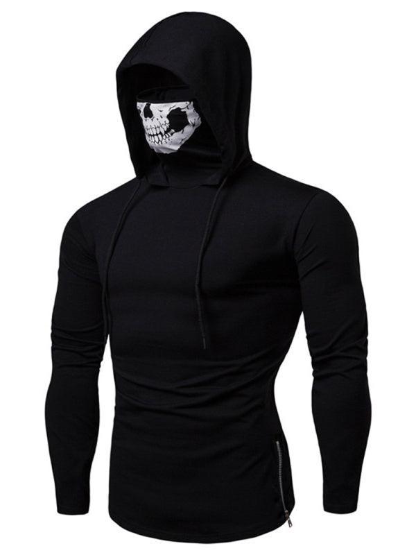 Men's fitness cycling elastic mask skull print hooded pullover long-sleeved T-shirt - 808Lush