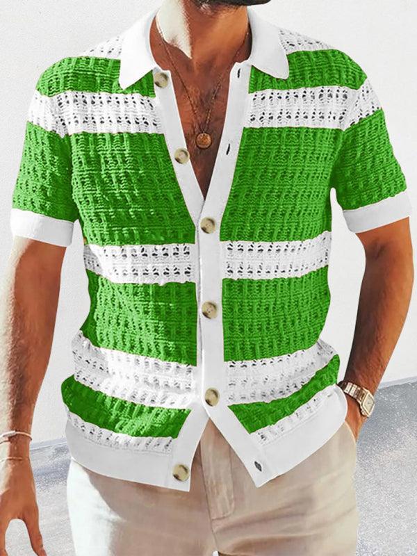 Men's lapel short-sleeved color-blocked cardigan - 808Lush