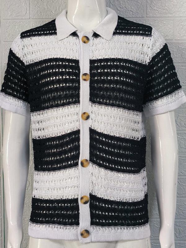 Men's lapel short-sleeved color-blocked cardigan - 808Lush