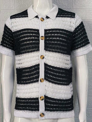 Men's lapel short-sleeved color-blocked cardigan - 808Lush