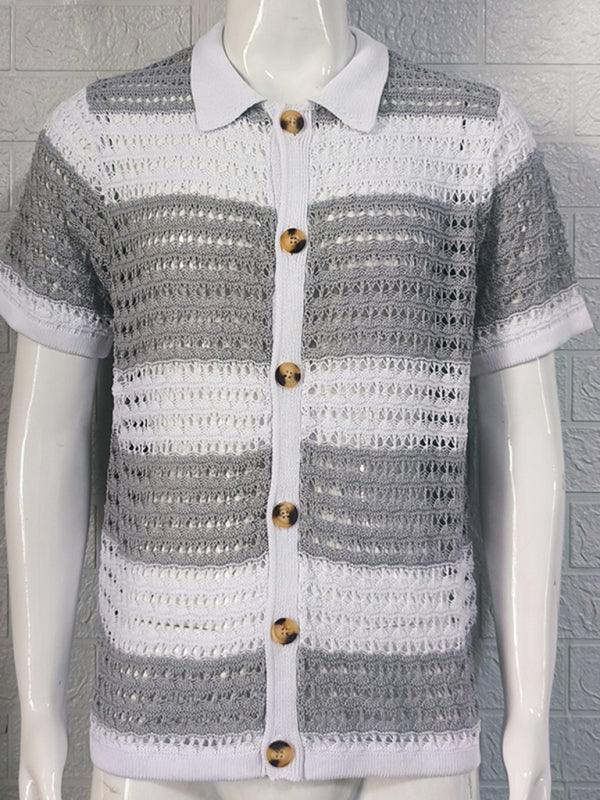 Men's lapel short-sleeved color-blocked cardigan - 808Lush