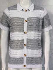 Men's lapel short-sleeved color-blocked cardigan - 808Lush