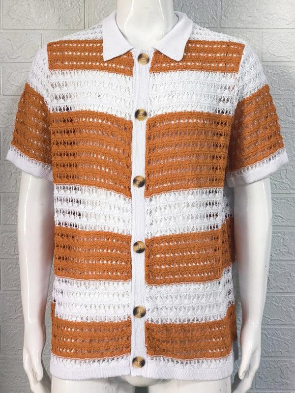 Men's lapel short-sleeved color-blocked cardigan - 808Lush