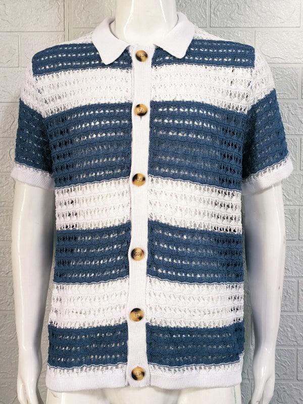 Men's lapel short-sleeved color-blocked cardigan - 808Lush