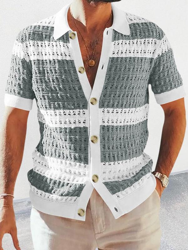 Men's lapel short-sleeved color-blocked cardigan - 808Lush