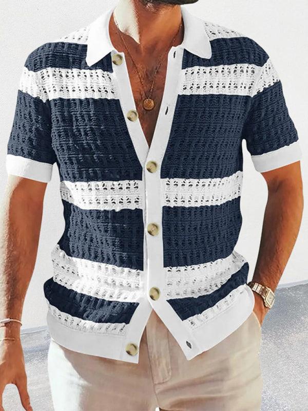 Men's lapel short-sleeved color-blocked cardigan - 808Lush