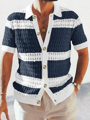 Men's lapel short-sleeved color-blocked cardigan - 808Lush