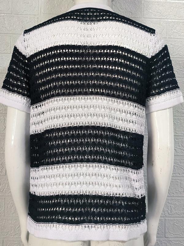 Men's lapel short-sleeved color-blocked cardigan - 808Lush