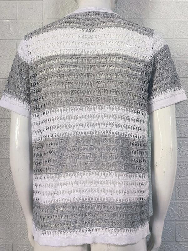 Men's lapel short-sleeved color-blocked cardigan - 808Lush