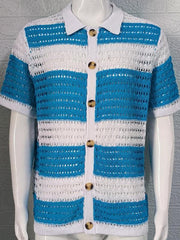 Men's lapel short-sleeved color-blocked cardigan - 808Lush
