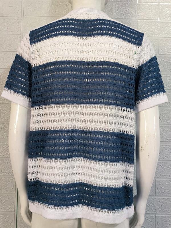 Men's lapel short-sleeved color-blocked cardigan - 808Lush