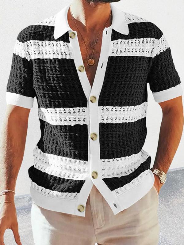 Men's lapel short-sleeved color-blocked cardigan - 808Lush