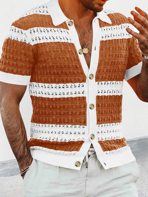 Men's lapel short-sleeved color-blocked cardigan - 808Lush