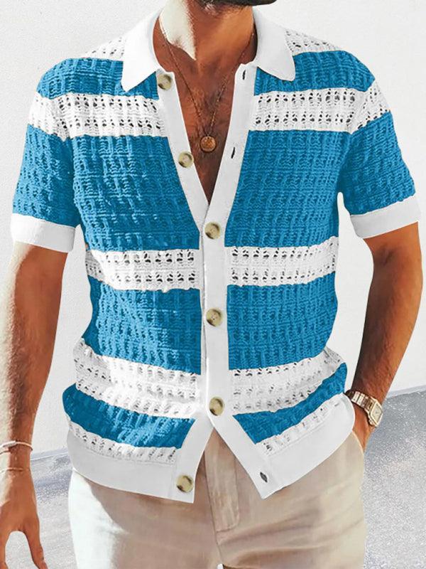 Men's lapel short-sleeved color-blocked cardigan - 808Lush