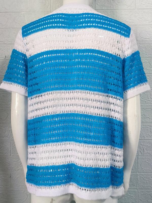 Men's lapel short-sleeved color-blocked cardigan - 808Lush