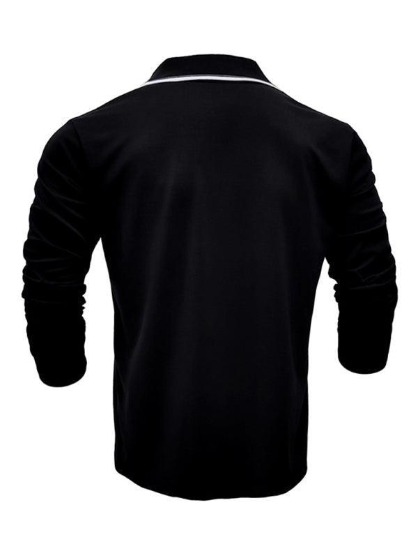 Men's long-sleeved V-neck lapel contrasting color POLO shirt - 808Lush