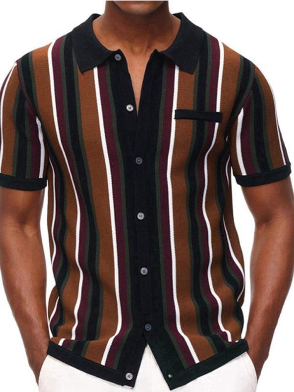 Men's single Breasted Color Contrast Stripe Short Sleeve Shirt - 808Lush