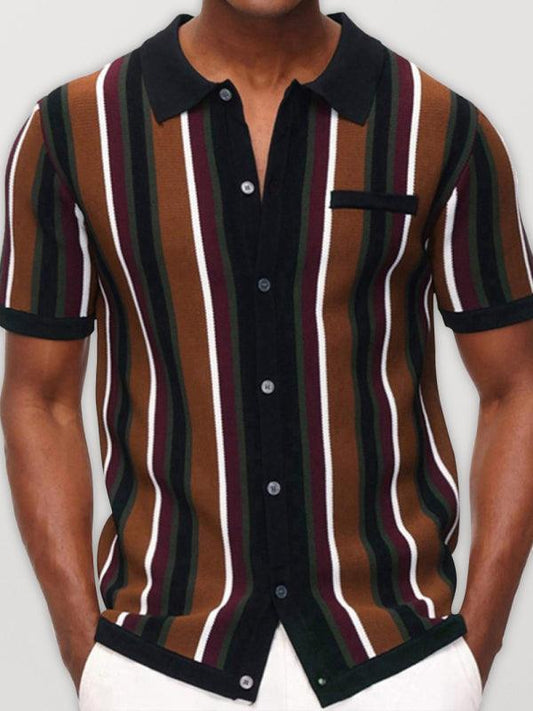 Men's single Breasted Color Contrast Stripe Short Sleeve Shirt - 808Lush