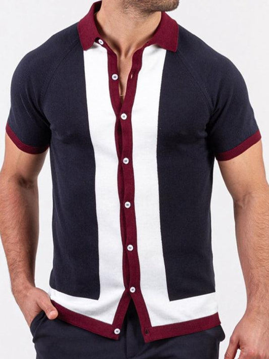 Men's single Breasted Paneled Color Contrast Short Sleeve Shirt - 808Lush