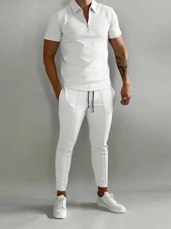 Men's solid color lapel short-sleeved POLO shirt + trousers two-piece suit - 808Lush