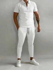 Men's solid color lapel short-sleeved POLO shirt + trousers two-piece suit - 808Lush