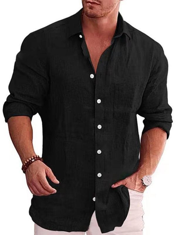 Men's solid color shirt linen lapel long sleeve casual shirt - 808Lush