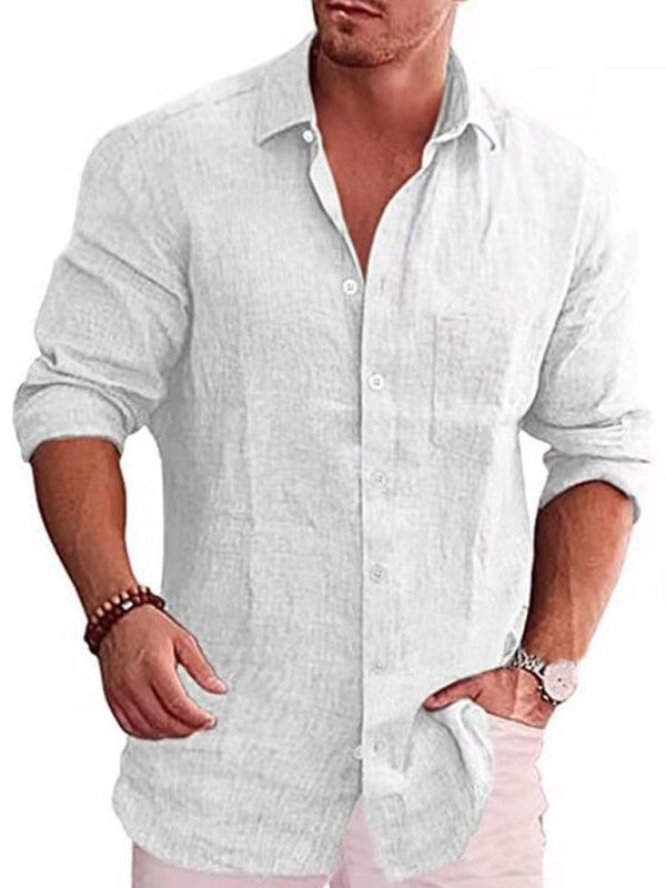 Men's solid color shirt linen lapel long sleeve casual shirt - 808Lush