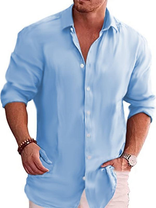 Men's solid color shirt linen lapel long sleeve casual shirt - 808Lush