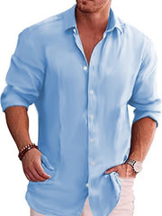 Men's solid color shirt linen lapel long sleeve casual shirt - 808Lush