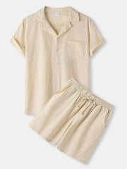 Men's solid color short-sleeved T-shirt shorts cotton linen casual suit - 808Lush