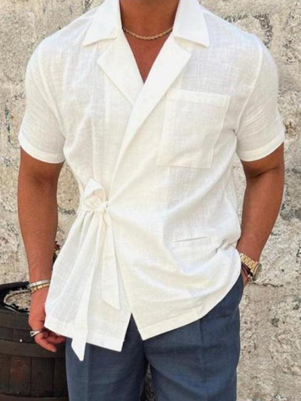 Men's solid color suit lace lace short -sleeved shirt - 808Lush