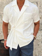 Men's solid color suit lace lace short -sleeved shirt - 808Lush