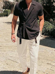 Men's solid color suit lace lace short -sleeved shirt - 808Lush