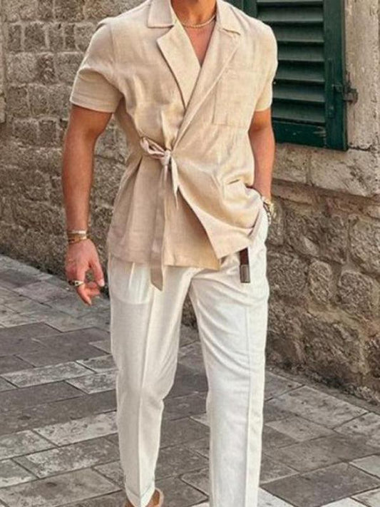 Men's solid color suit lace lace short -sleeved shirt - 808Lush