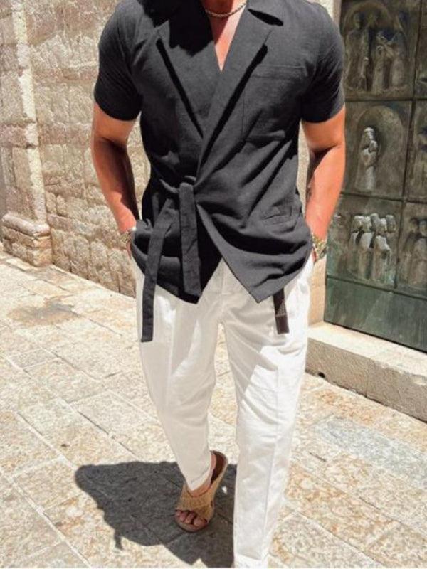Men's solid color suit lace lace short -sleeved shirt - 808Lush