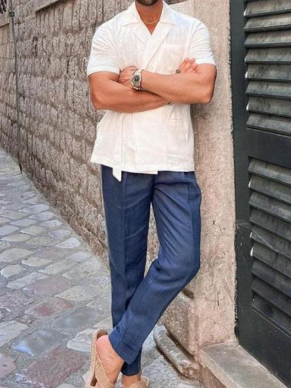 Men's solid color suit lace lace short -sleeved shirt - 808Lush
