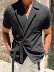 Men's solid color suit lace lace short -sleeved shirt - 808Lush