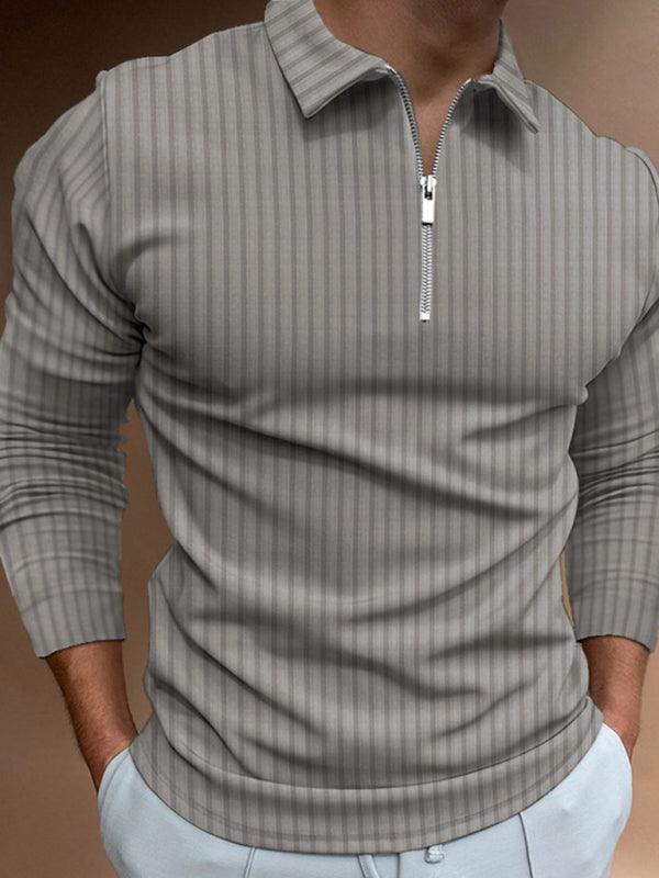 Men's solid color zipper striped long-sleeved POLO shirt - 808Lush