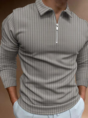 Men's solid color zipper striped long-sleeved POLO shirt - 808Lush
