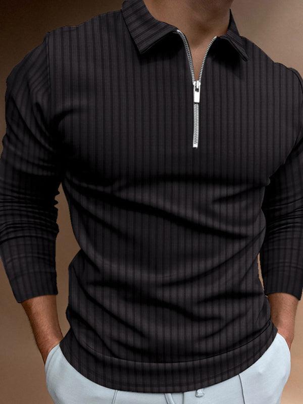 Men's solid color zipper striped long-sleeved POLO shirt - 808Lush