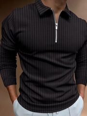 Men's solid color zipper striped long-sleeved POLO shirt - 808Lush