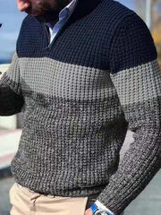 Men's stand-up collar zippered half-platform color-blocked casual V-neck sweater - 808Lush