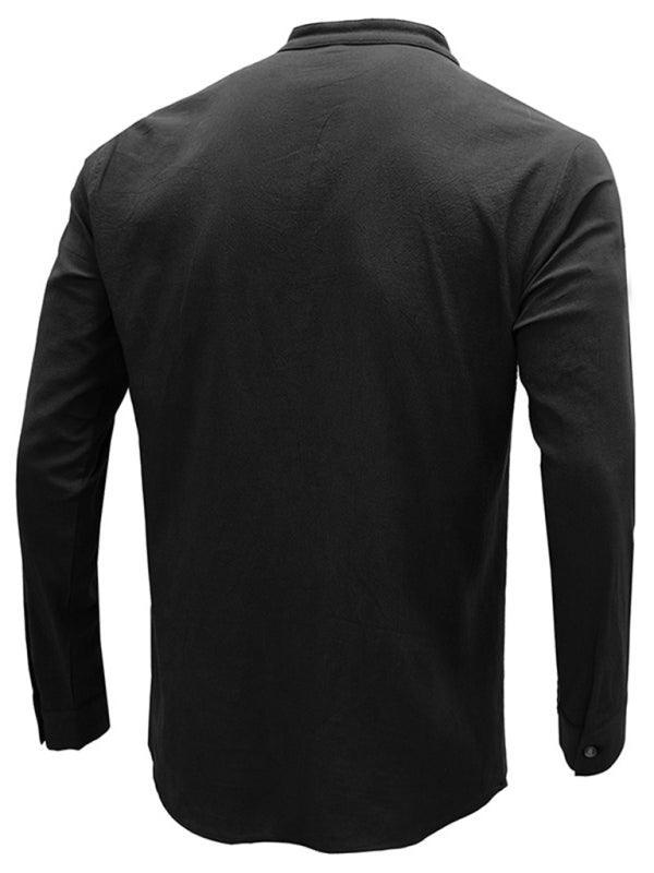 Men's woven solid color long-sleeved cotton and linen shirt - 808Lush