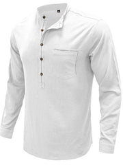 Men's woven solid color long-sleeved cotton and linen shirt - 808Lush